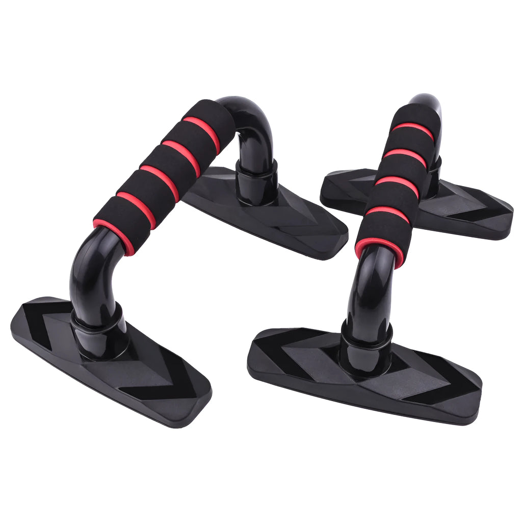 Two I-shaped push up bars made of blue PP sponge, placed on a floor for exercise.