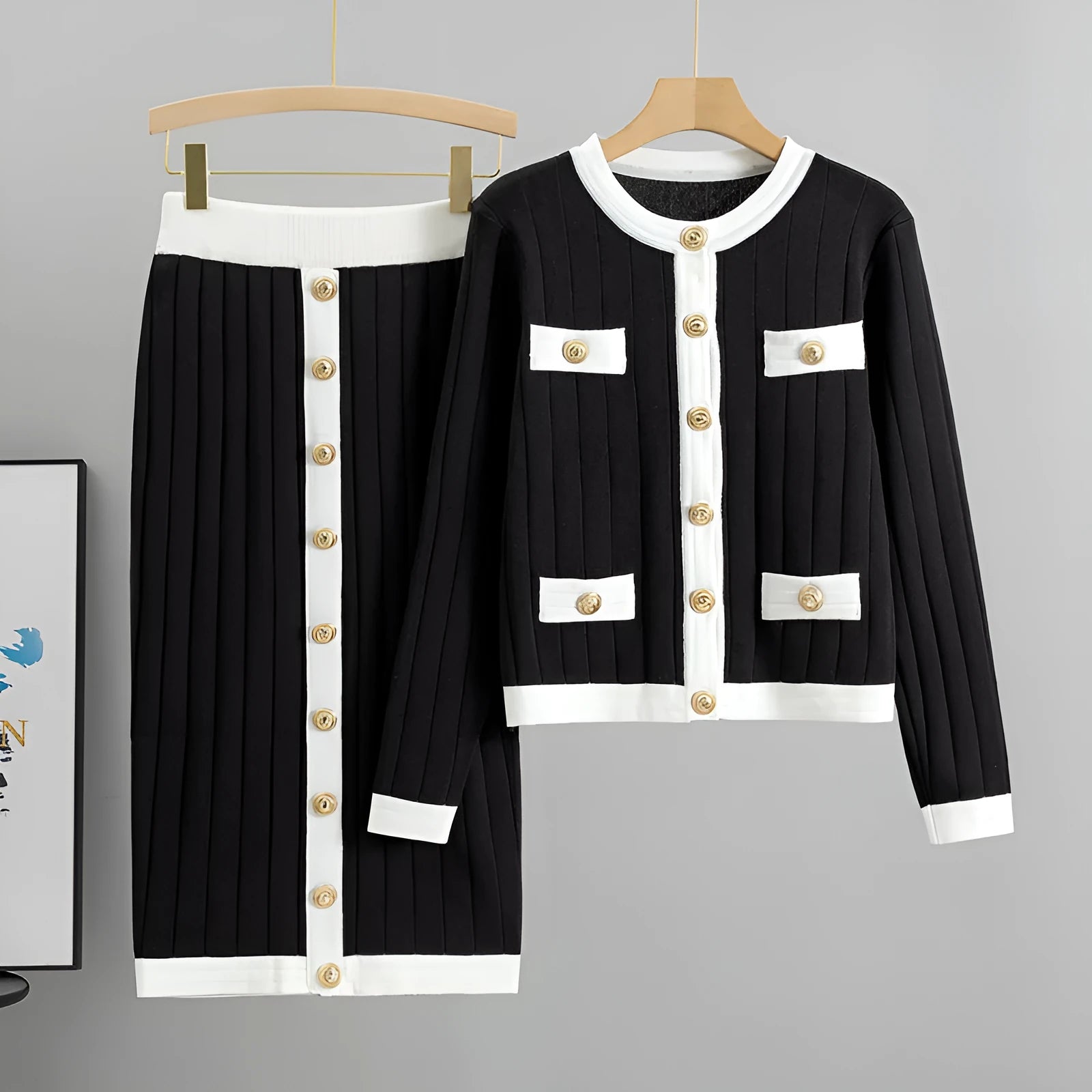 Women's contrast colour knitted cardigan and mid-length skirt two-piece set in viscose fibre with black colour option