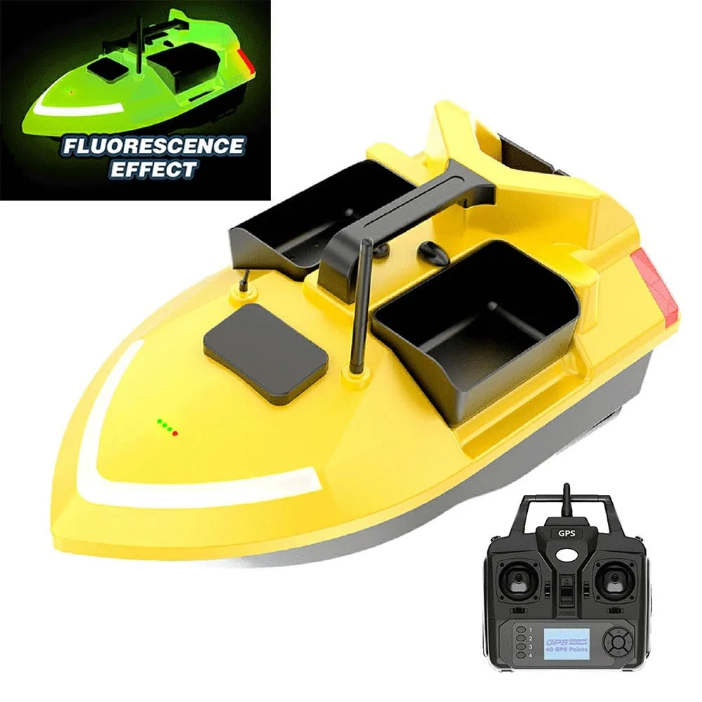 V020 GPS remote control fishing boat with LED lights shown on water