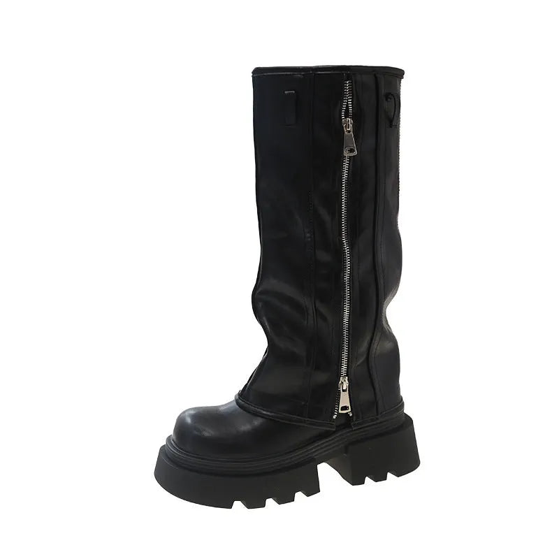 Platform Martin boots with square rubber heel in black, brown or wine red synthetic PU leather