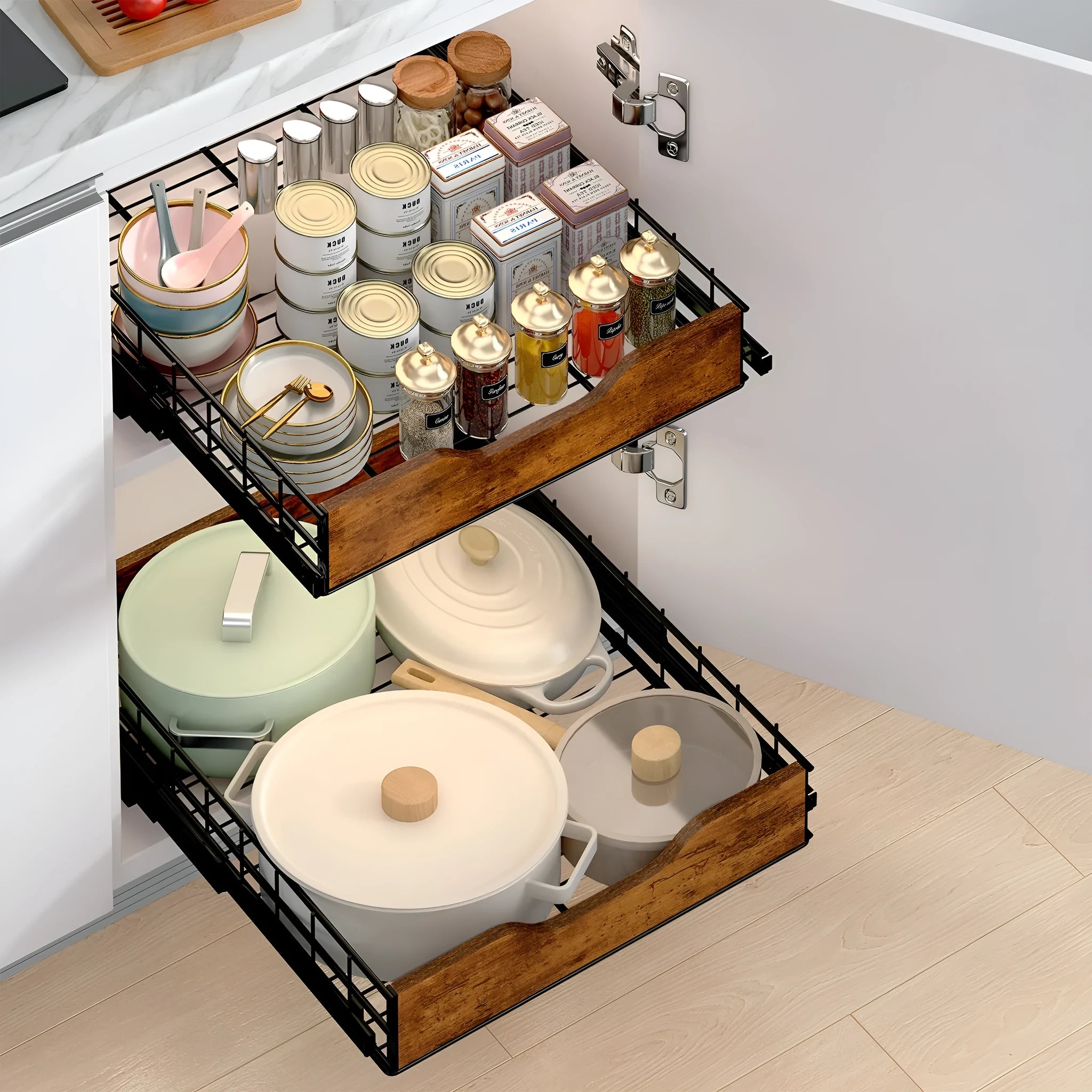 Black wood and iron pull basket kitchen storage drawer organiser rack
