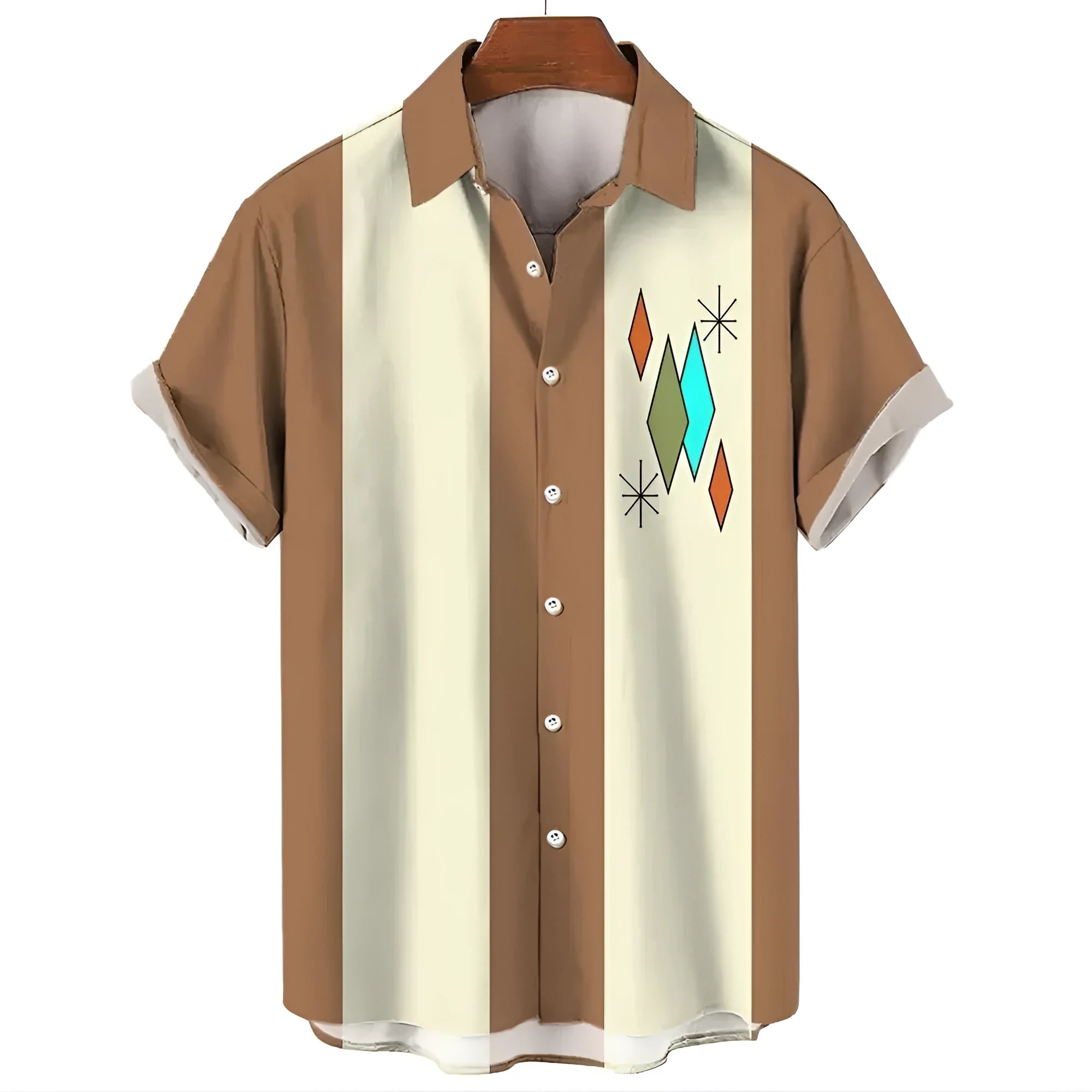 Men's striped Hawaiian short sleeve button-up shirt in a colour option, laid flat.