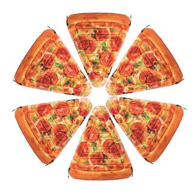 Large red and yellow inflatable pizza slice on a surfboard design, floating on water.