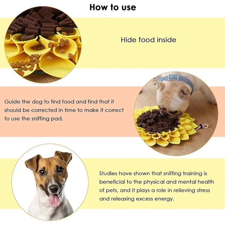 Yellow sunflower-shaped dog snuffle mat measuring 37.5x37.5x4 cm with rope buckle attachment