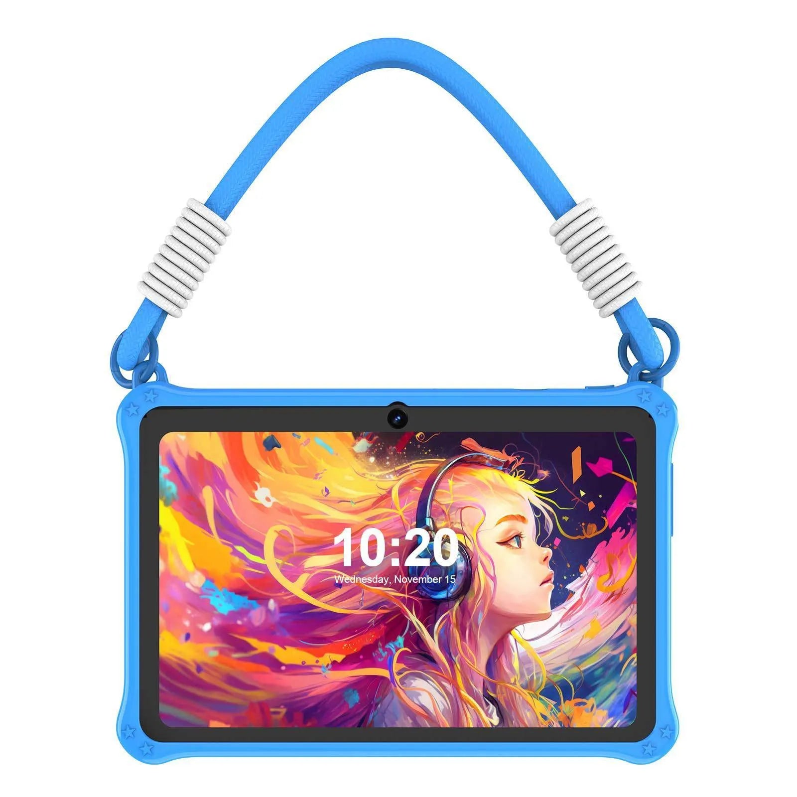 7-inch children's silicone tablet case with flat strap in sapphire blue or dark pink colour options