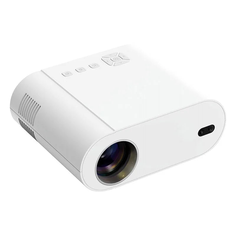 White Full HD smart projector with remote control showing 1080p resolution and Android OS