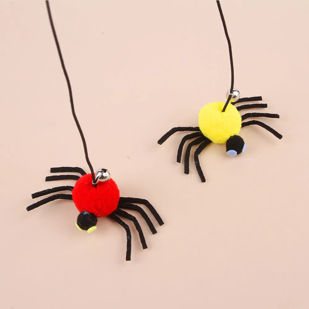 Red hanging door cat toy with elastic rope feather stick bell spider attachment
