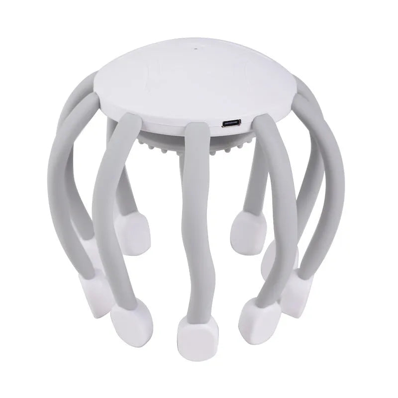Black handheld USB head massager with multiple vibrating claws for scalp relaxation.