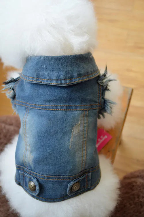 Retro scratch pattern denim dog vest for small breeds in dark and light wash options