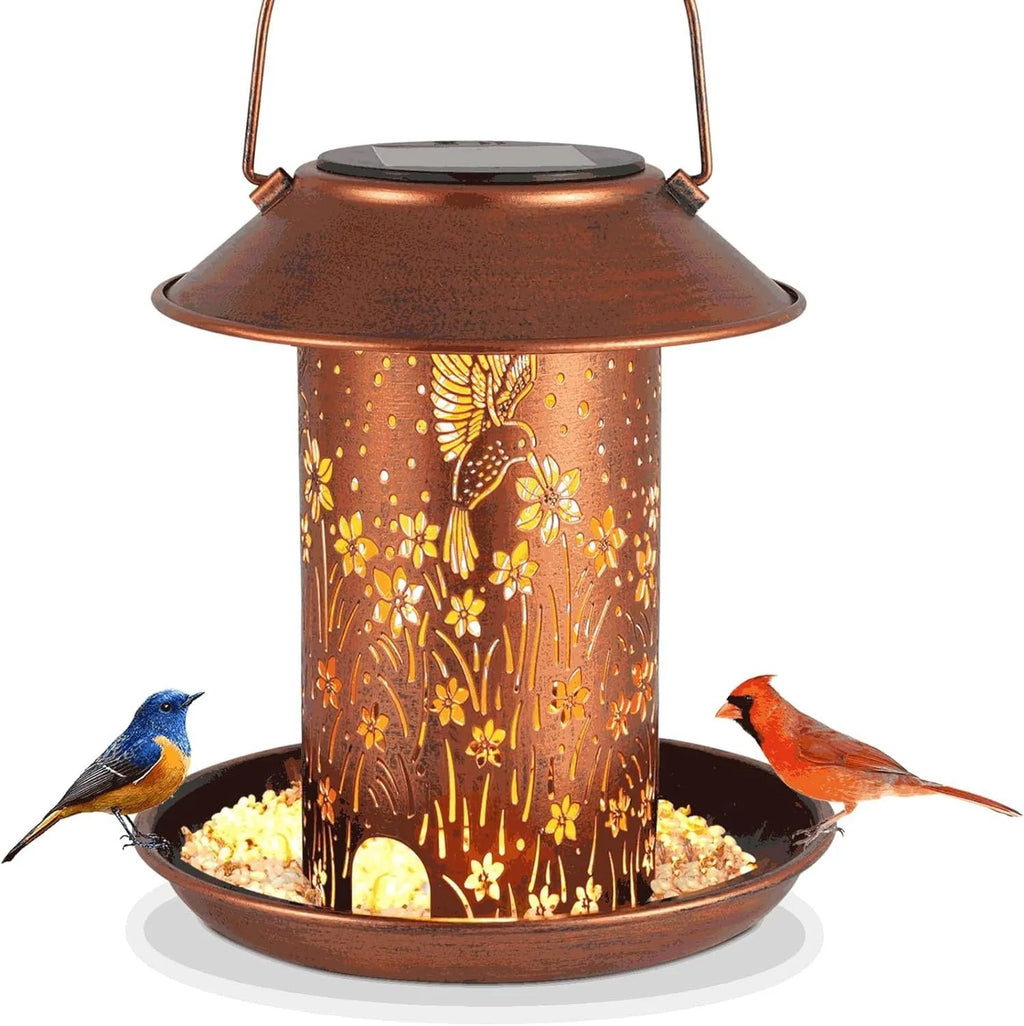 Solar powered bird feeder with hummingbird pattern and LED lights for outdoor garden decoration
