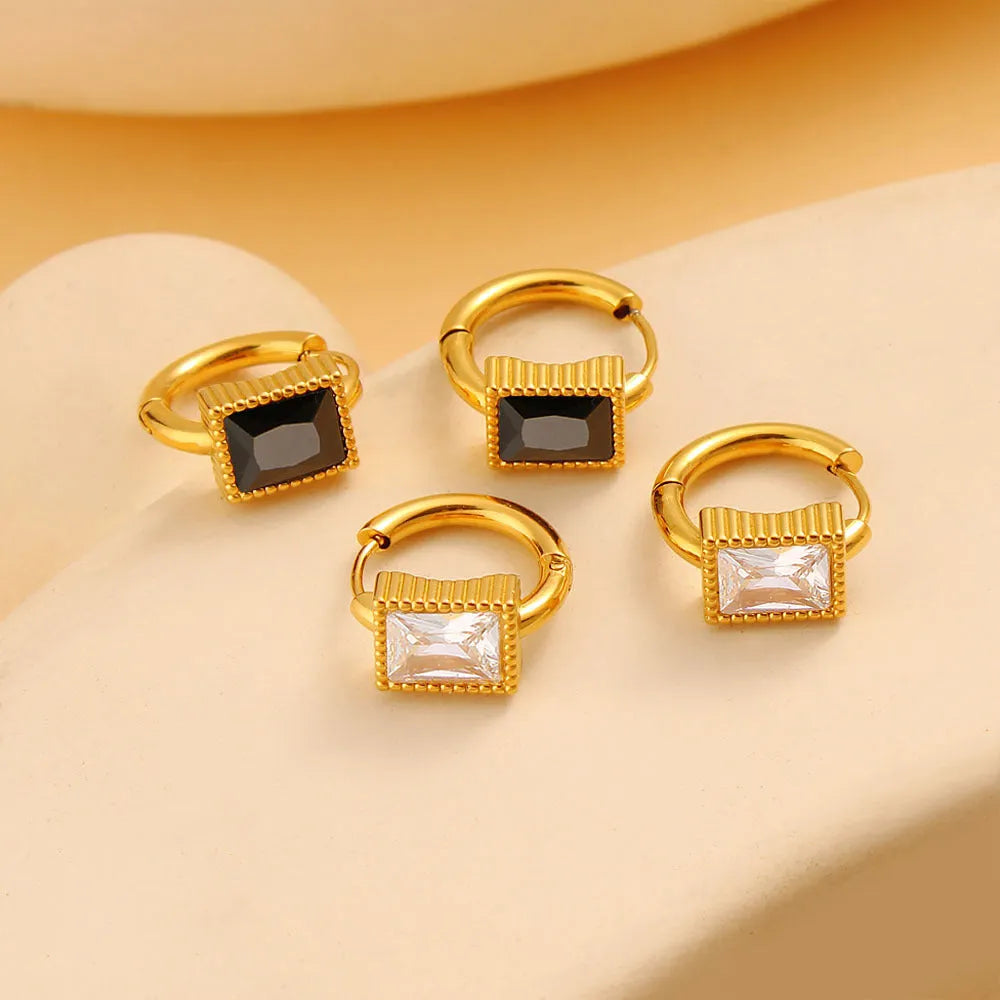 Square geometric zircon stainless steel earrings in white, black or green colour options