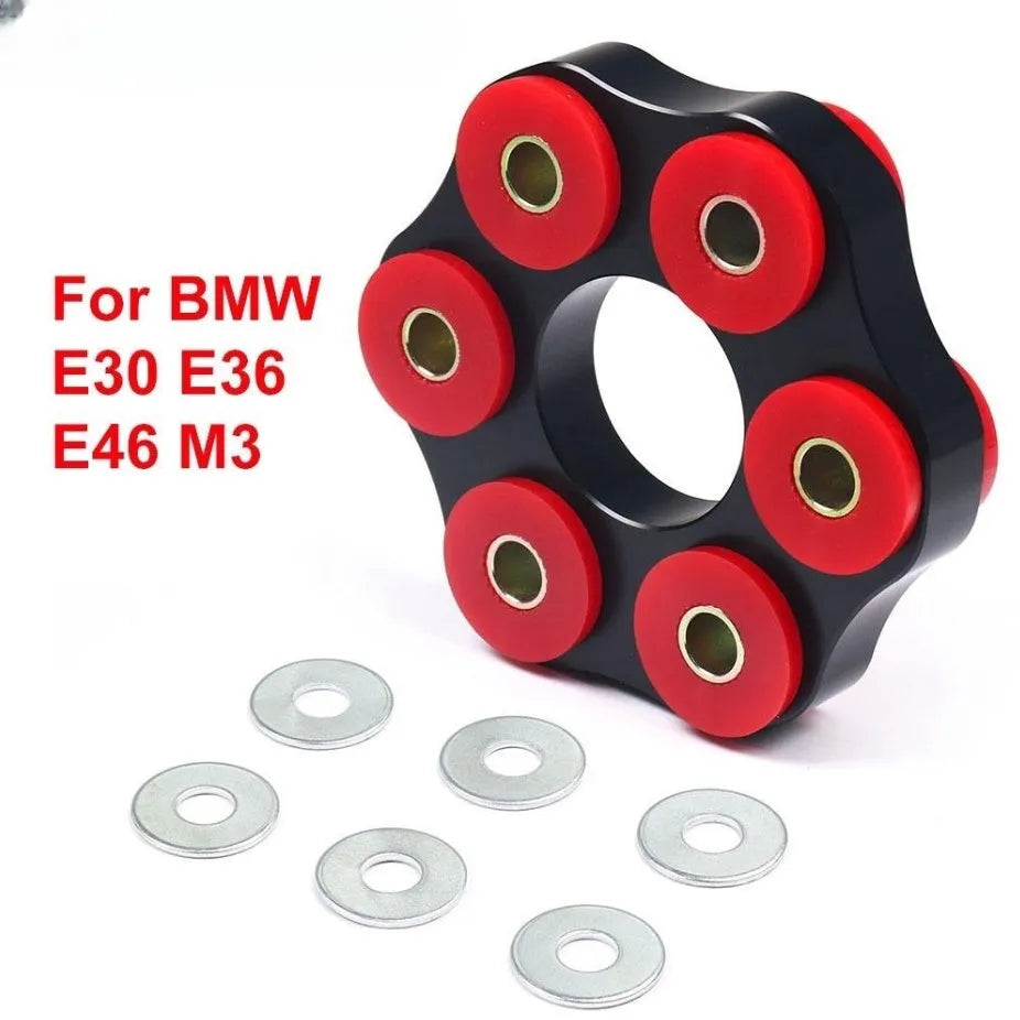 Red polyurethane and aluminium drive shaft connecting plate bracket for BMW E46, E36, E30 models.