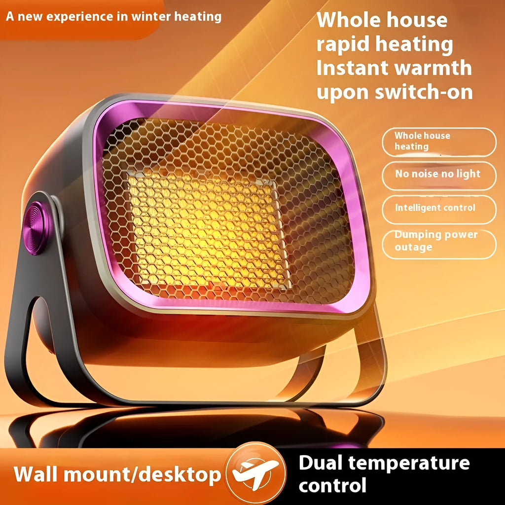 White desktop ceramic heater with rotatable base and push-button controls on wooden surface