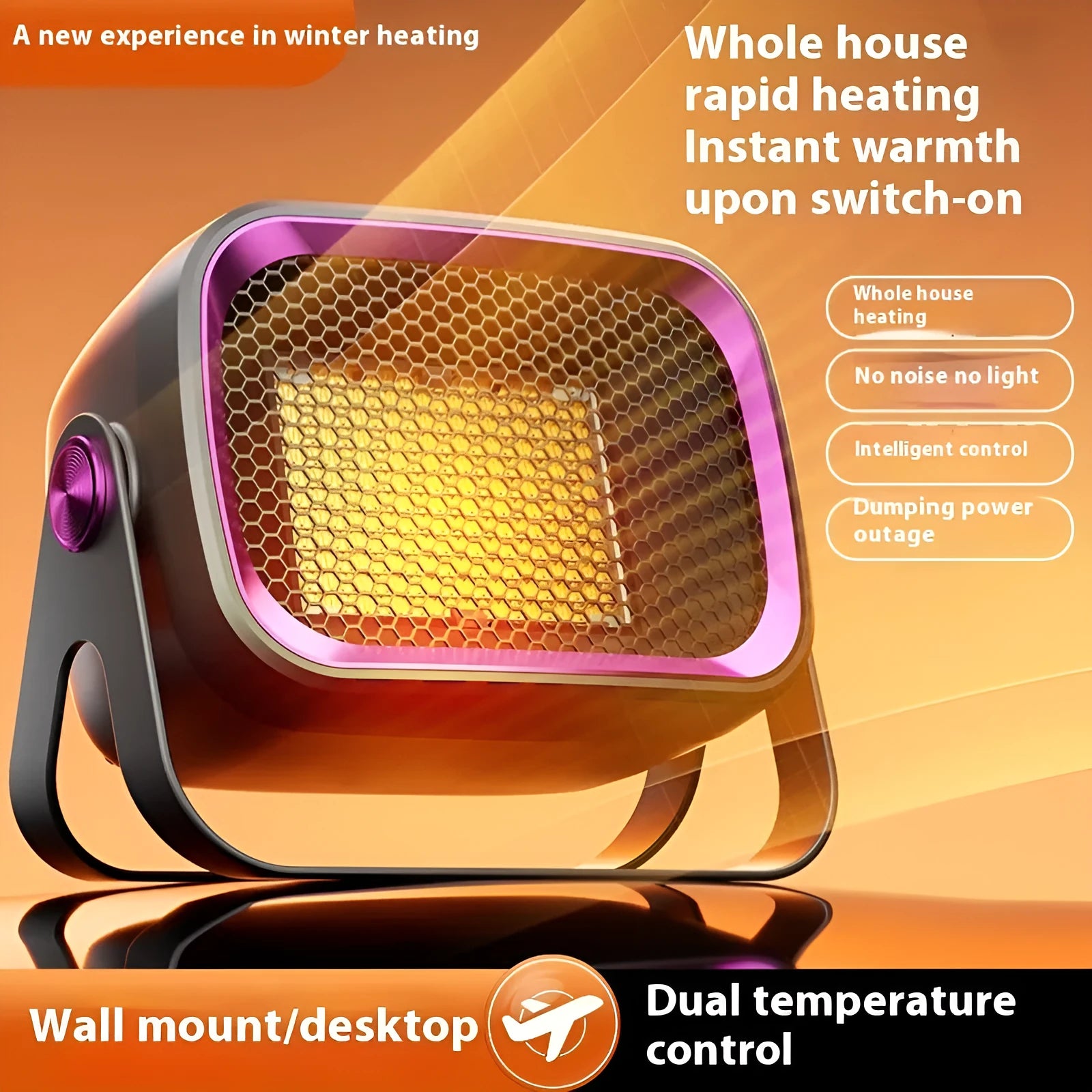 White desktop ceramic heater with rotatable base and push-button controls on wooden surface