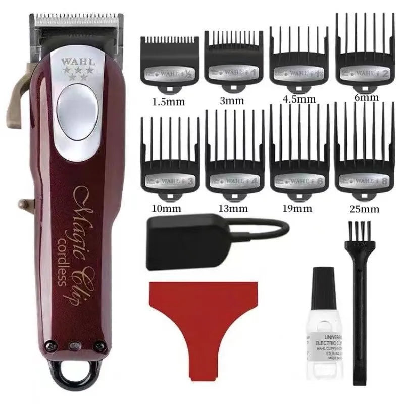 Charging hair clippers set with multiple plug adapters on a table.