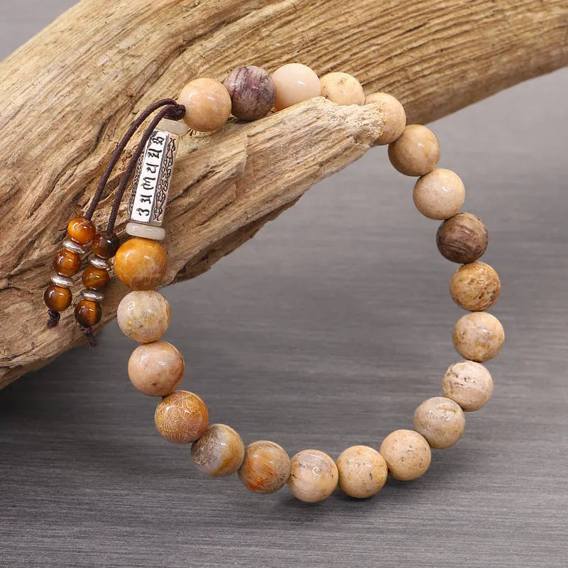 Wood colour stone bead bracelet with handmade construction and retro styling
