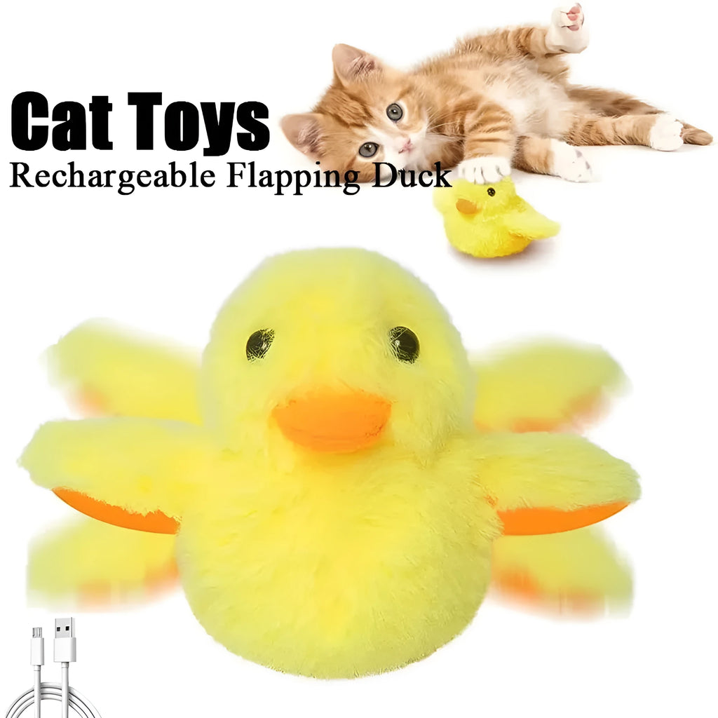 Yellow flapping duck electric cat toy with removable plush cover and USB charging cable