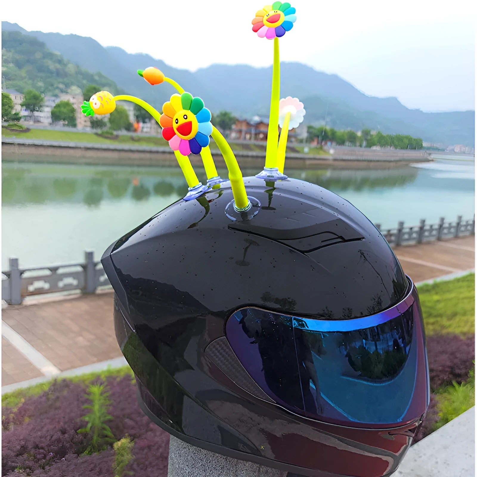 Silicone sunflower helmet decoration with suction cup mounting