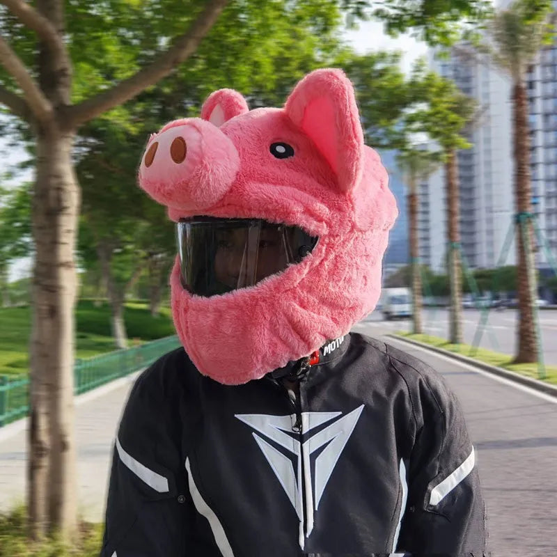 Pink cartoon pig design plush hood for motorcycle helmet comfort.