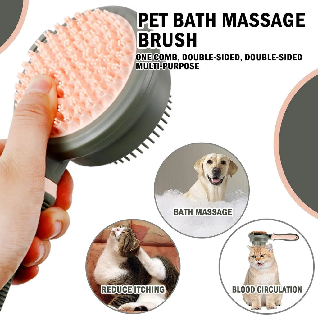 Double-sided cat brush with release button and flea comb in pink and green options