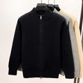 Men's grey knitted zip-up cardigan with high stand collar on hanger