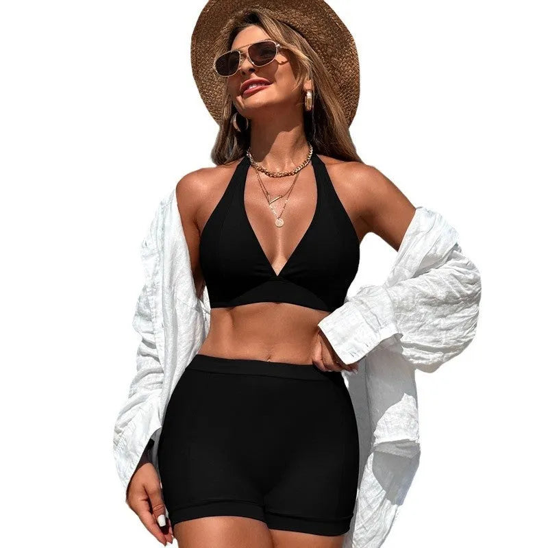 Women's sleeveless nylon bikini in black, pink, purplish blue, or sapphire blue for swimming and hot springs.