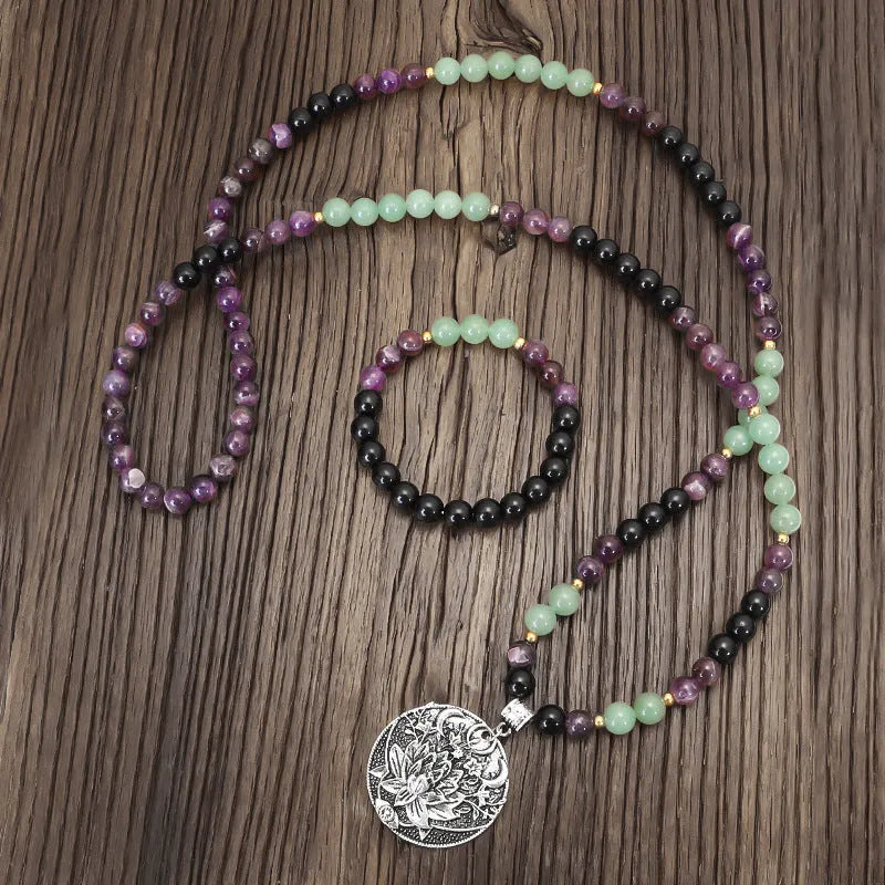 Yoga pendant necklace and matching bracelet with stone beads and geometric alloy pendant design