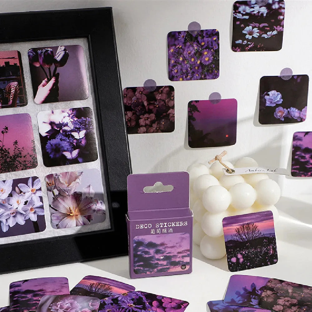 Box of Nordic style decorative stickers showing six colour variants with 44x44mm square size and non-drying adhesive