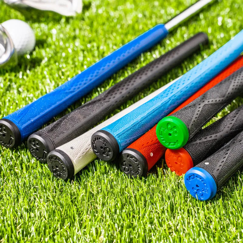TPE golf club grip replacement in various colours including pink, red, blue, white, and two-tone black with coloured head.