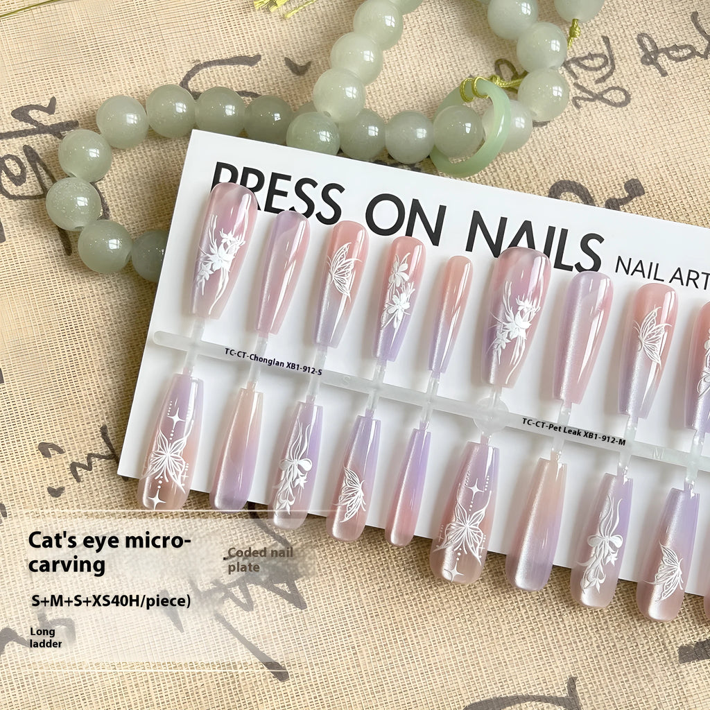 Retro cat eye long ladder fake nails for ladies in Moon Rhyme colour with ultra-thin seamless design 40 pieces