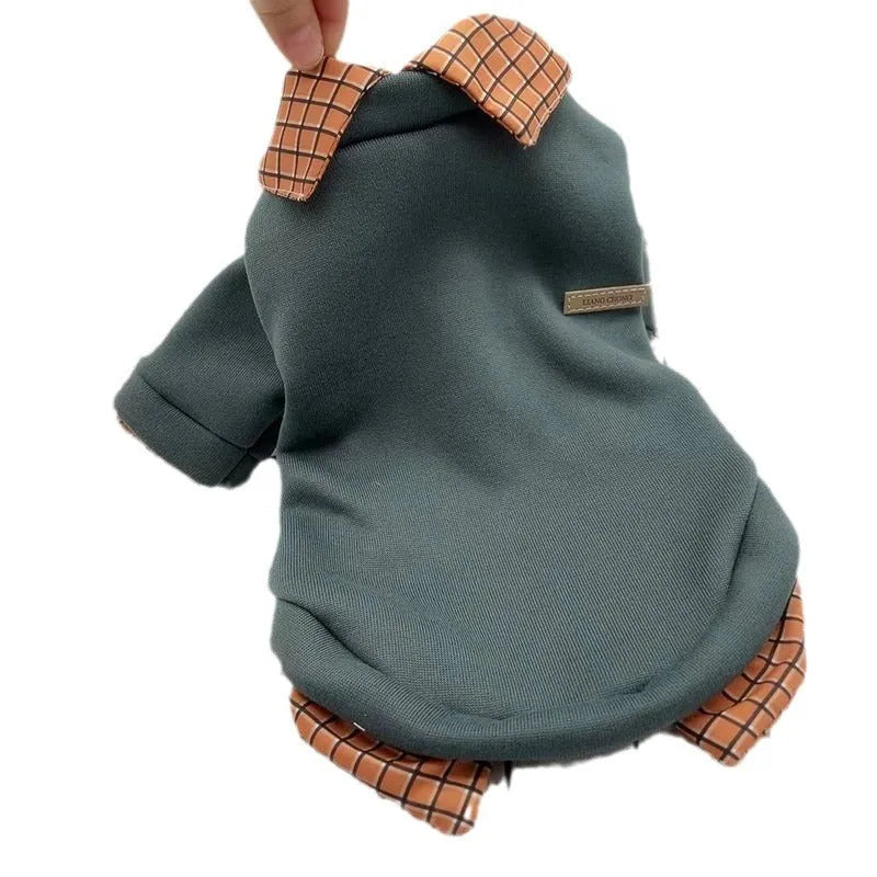 Grey two-piece dog sweater with detachable collar hoodie on a pet model