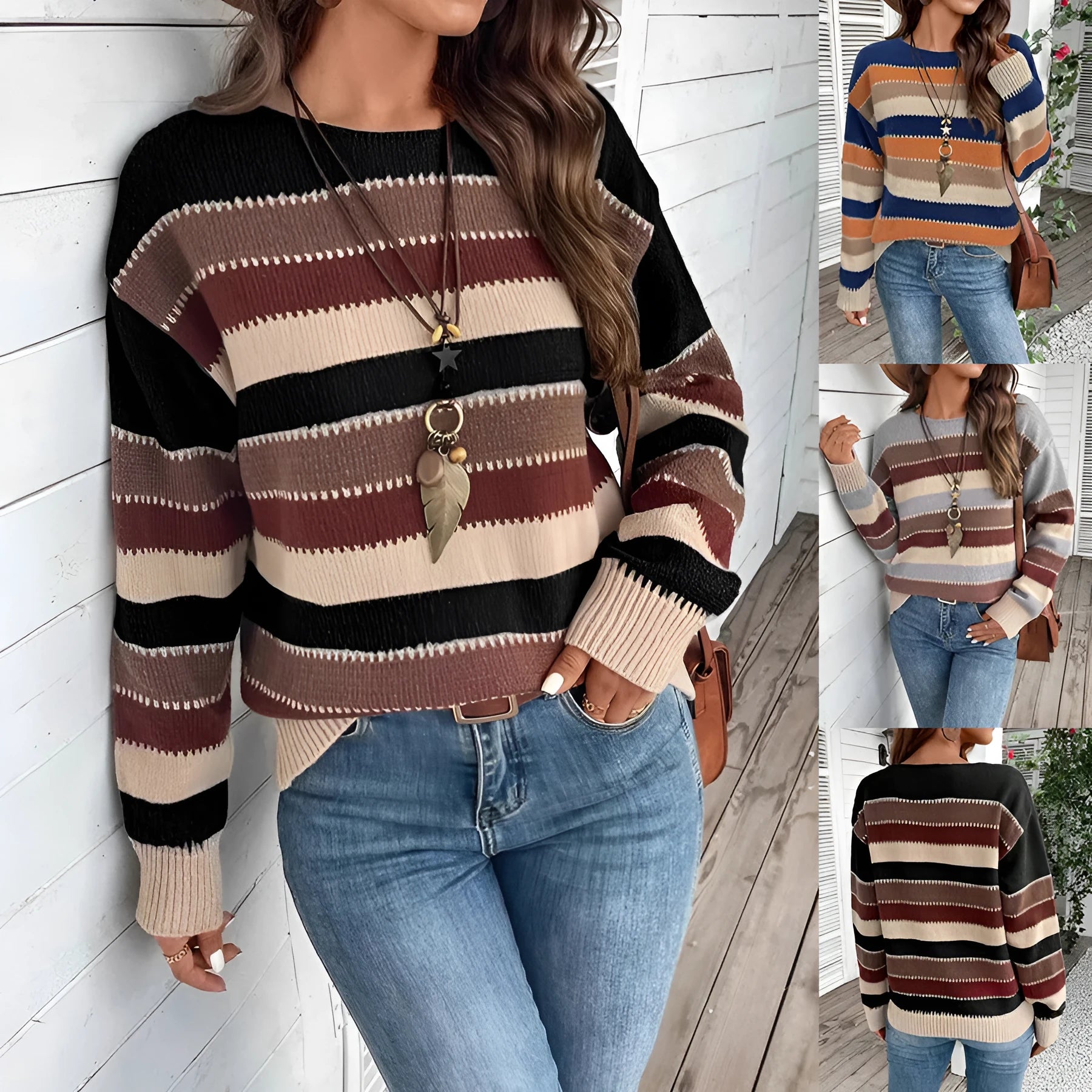 Women's colourblock striped long sleeve pullover sweater in black, blue, or grey.