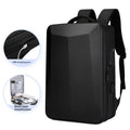 Waterproof ABS PC business backpack in black and silver white colour options showing curved shoulder straps