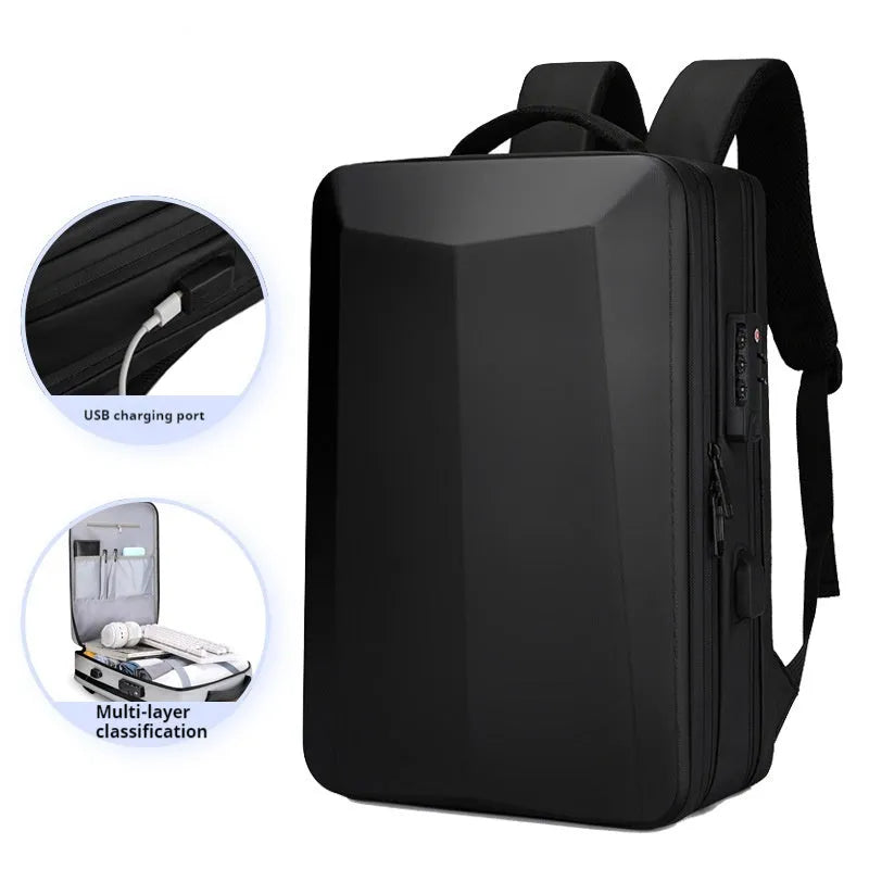 Waterproof ABS PC business backpack in black and silver white colour options showing curved shoulder straps