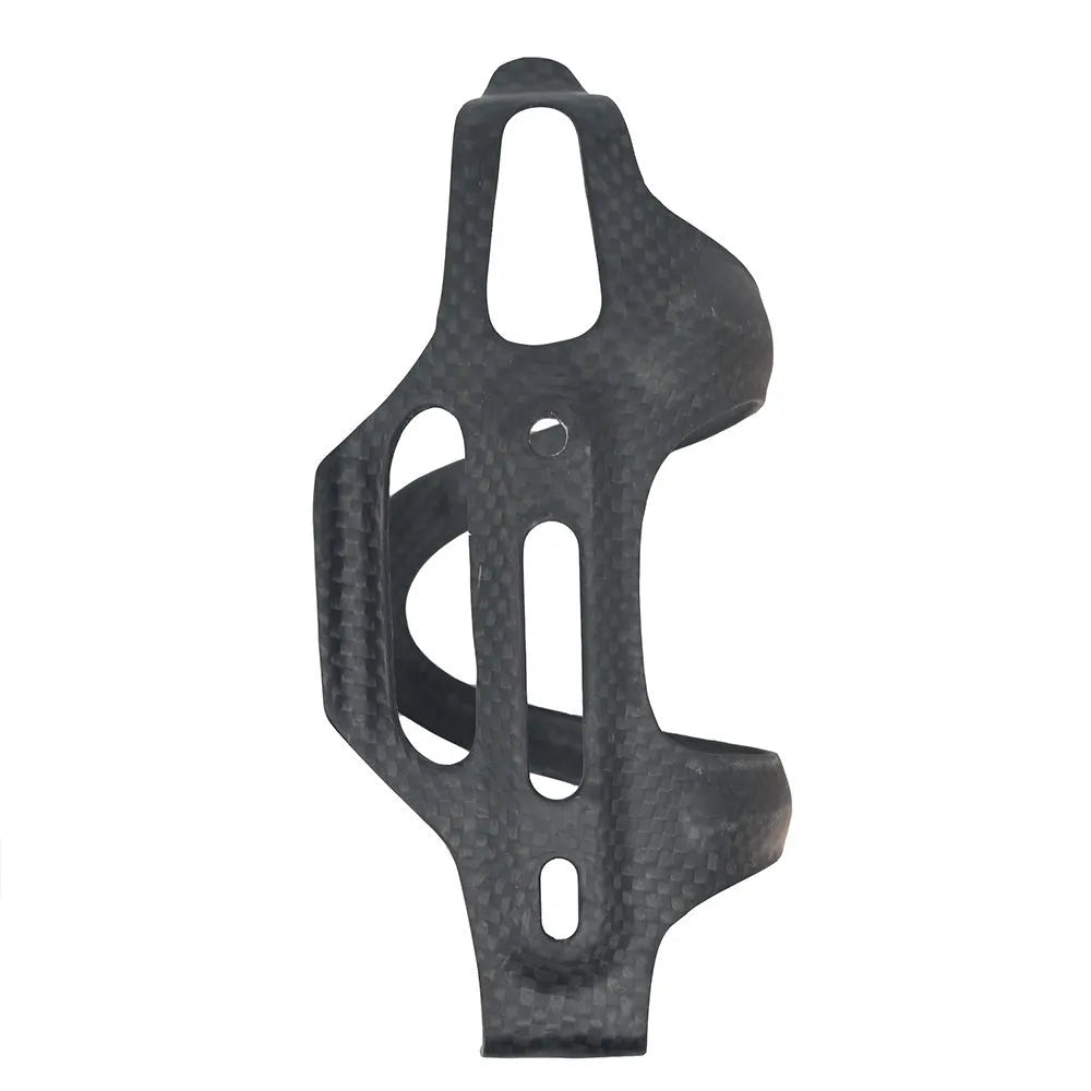 Black carbon fibre side pull bicycle water bottle cage showing mounting holes and bottle retention mechanism