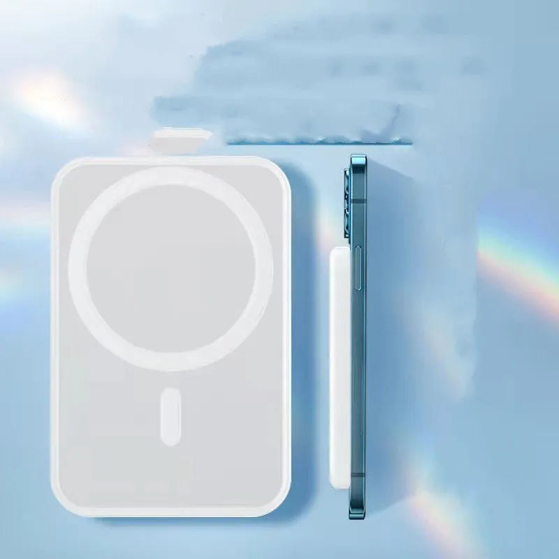 White magnetic wireless charger power bank with 5000mAh capacity and compact design