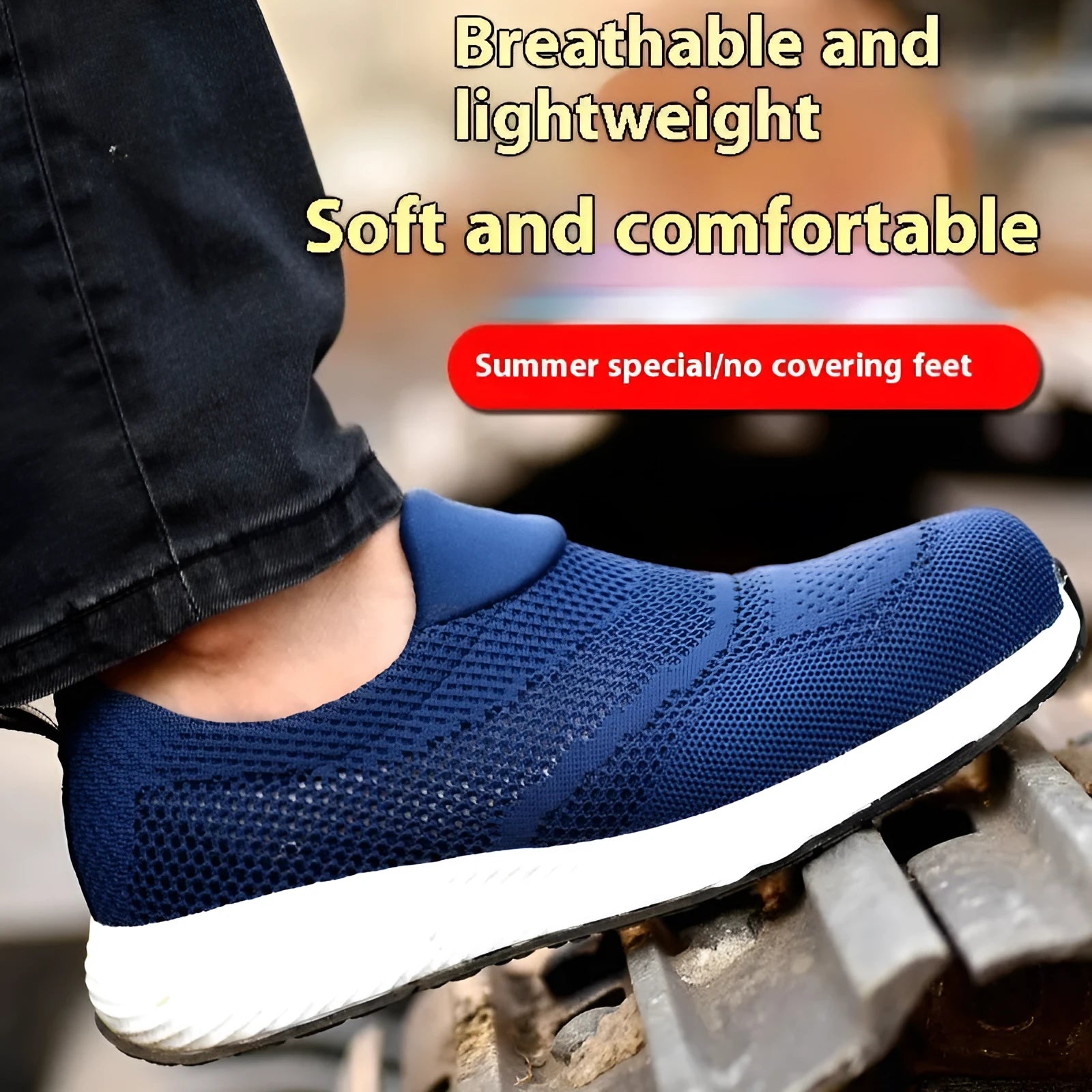 Men's lightweight steel toe work shoes with mesh upper in black, blue, and red colour options