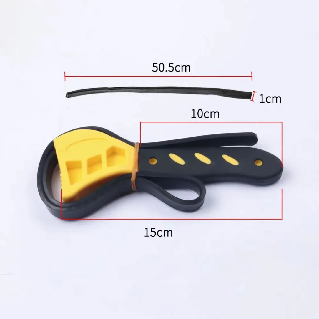 A 6-inch and an 8-inch adjustable rubber strap wrench with steel handles, laid side by side.