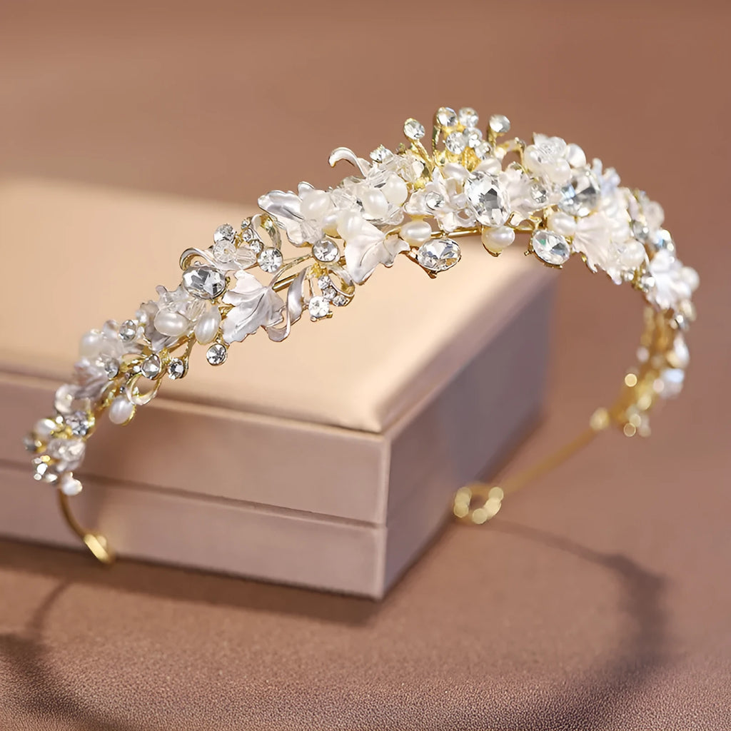 Alloy pearl crown headdress for women with electroplated gold finish and European styling