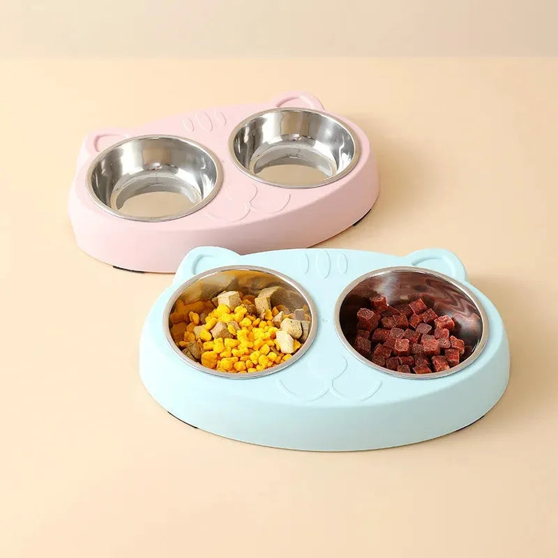 Blue macaron-shaped plastic pet feeder with two bowls for cat or dog food and water