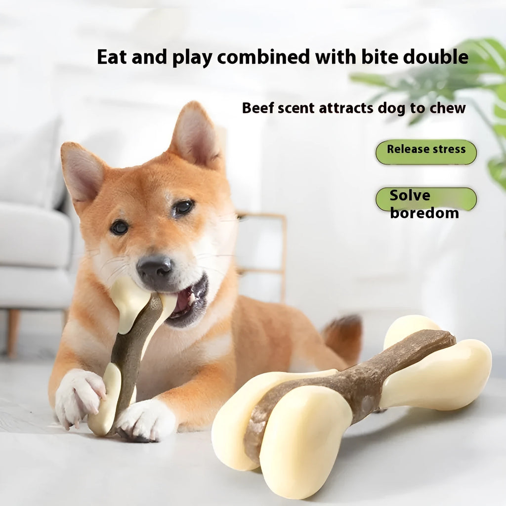 Durable bone-shaped dog chew toy made from brown cowhide and nylon in small and large sizes.