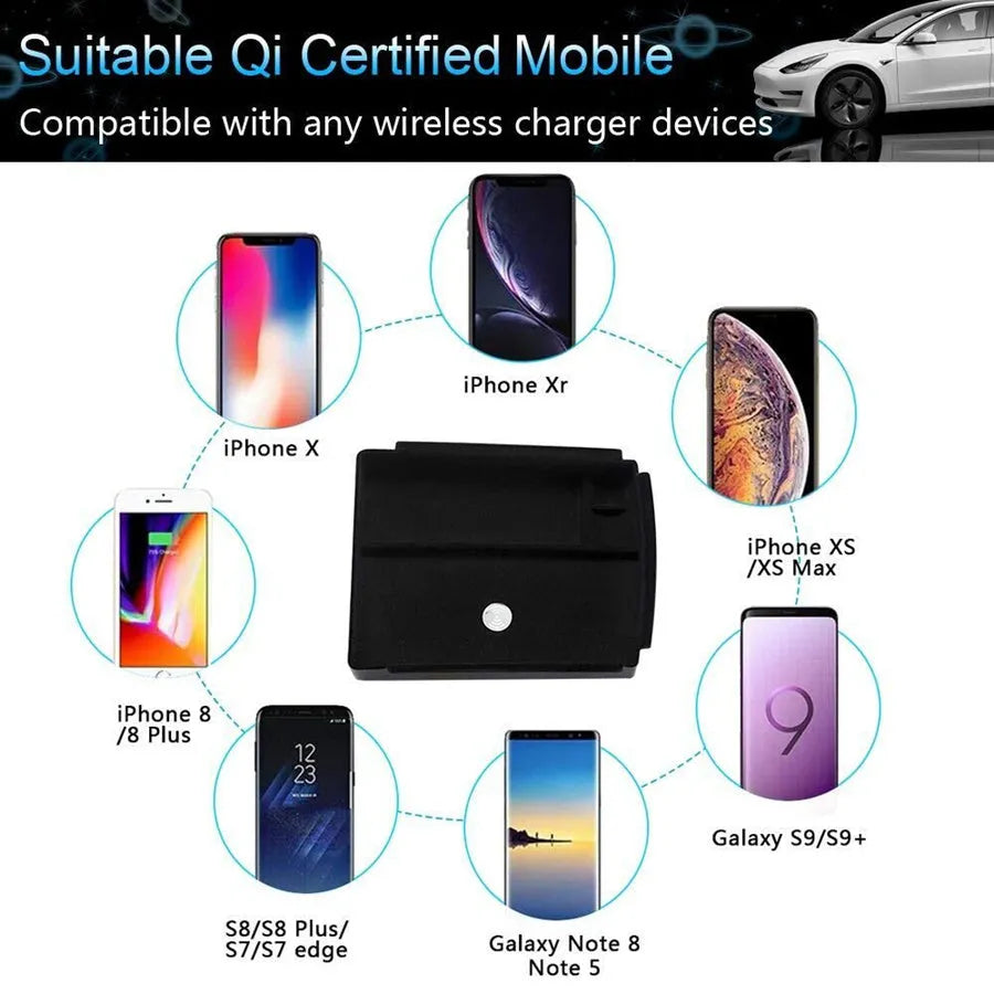 Black wireless charging storage box with QI compatibility and storage compartment