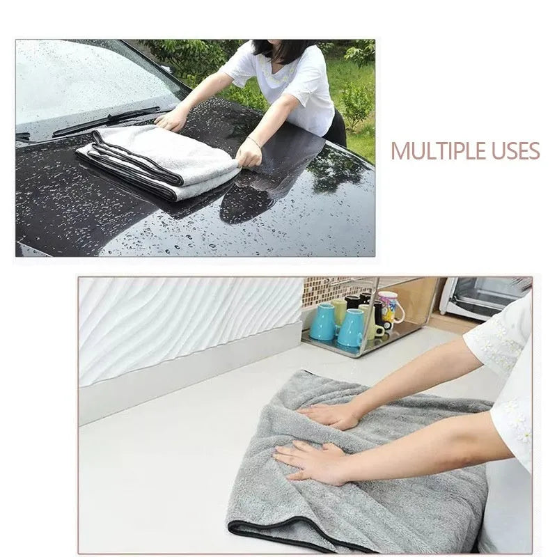 Microfiber car cleaning towel shown in three size variations: 75x35cm, 60x40cm, and 100x40cm.