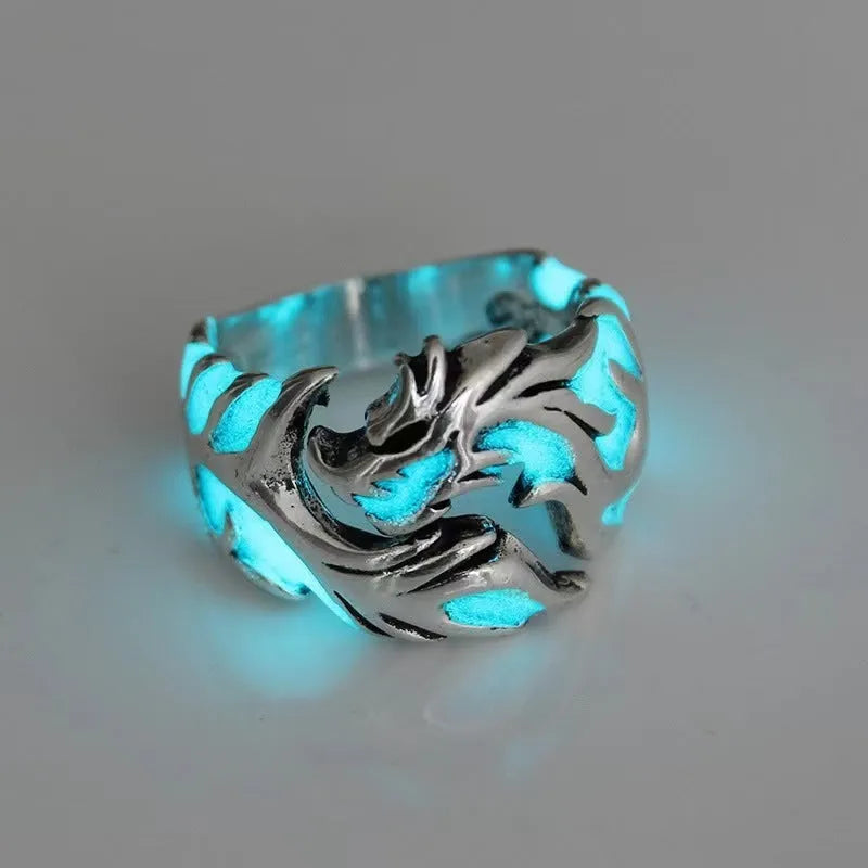 Adjustable metal ring with Chinese dragon pattern in electroplated silver blue and green colours