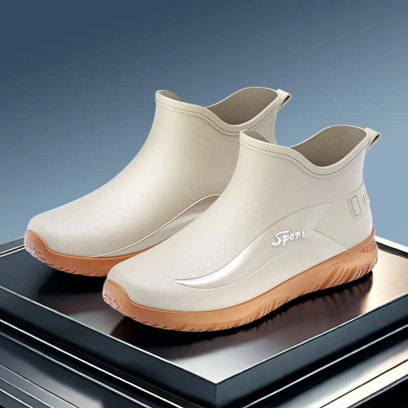Men's short ankle-height PVC rubber boots with a flat non-slip sole