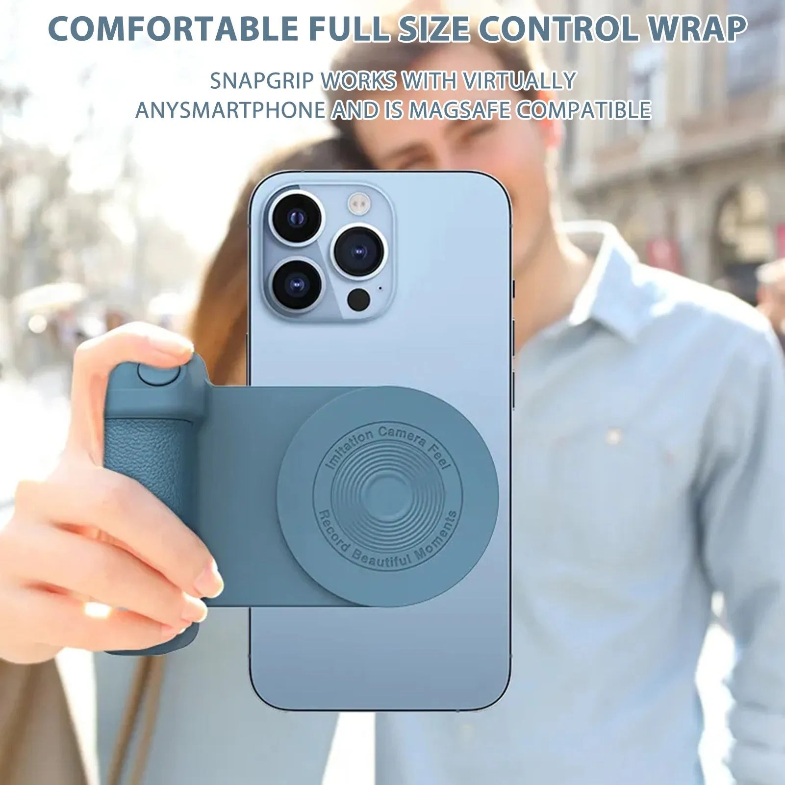 Black magnetic camera phone holder with rotatable tilt mechanism and ergonomic PU leather grip