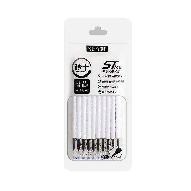 Pack of 10 quick-dry gel pen refill cartridges in black, red, blue, and ink blue for bullet-style pens.