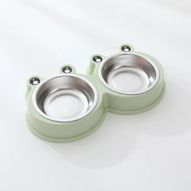 Pet double bowl feeding station with stainless steel frog bowl insert in blue, green, or pink colour options