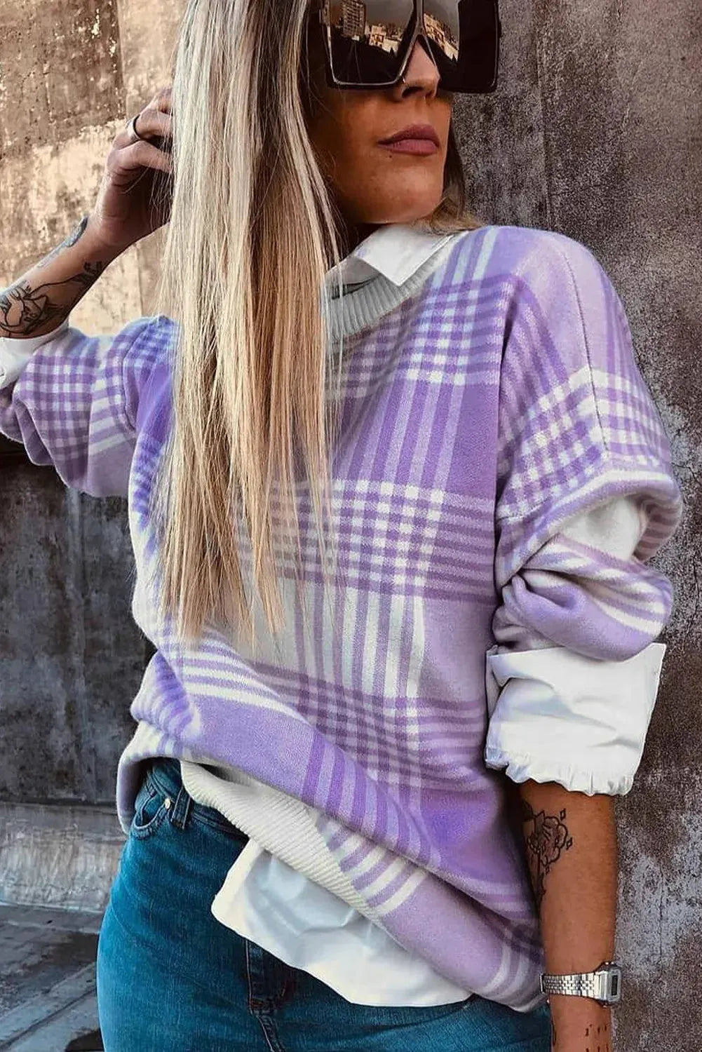 Lilac plaid print loose sweater with ribbed trim on cuffs and hem