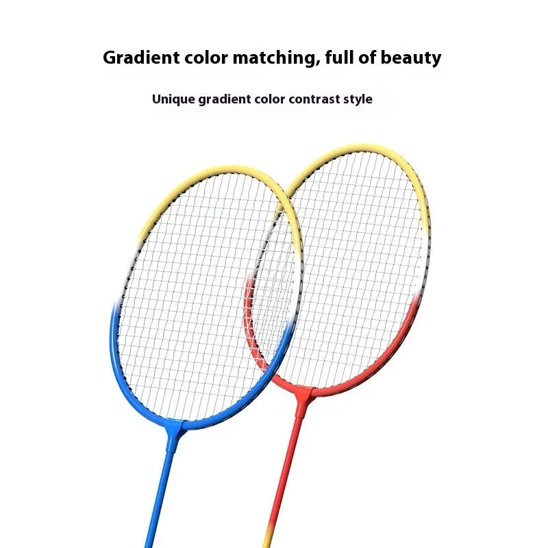 A pair of blue and red ultra-light alloy badminton rackets laid side by side.